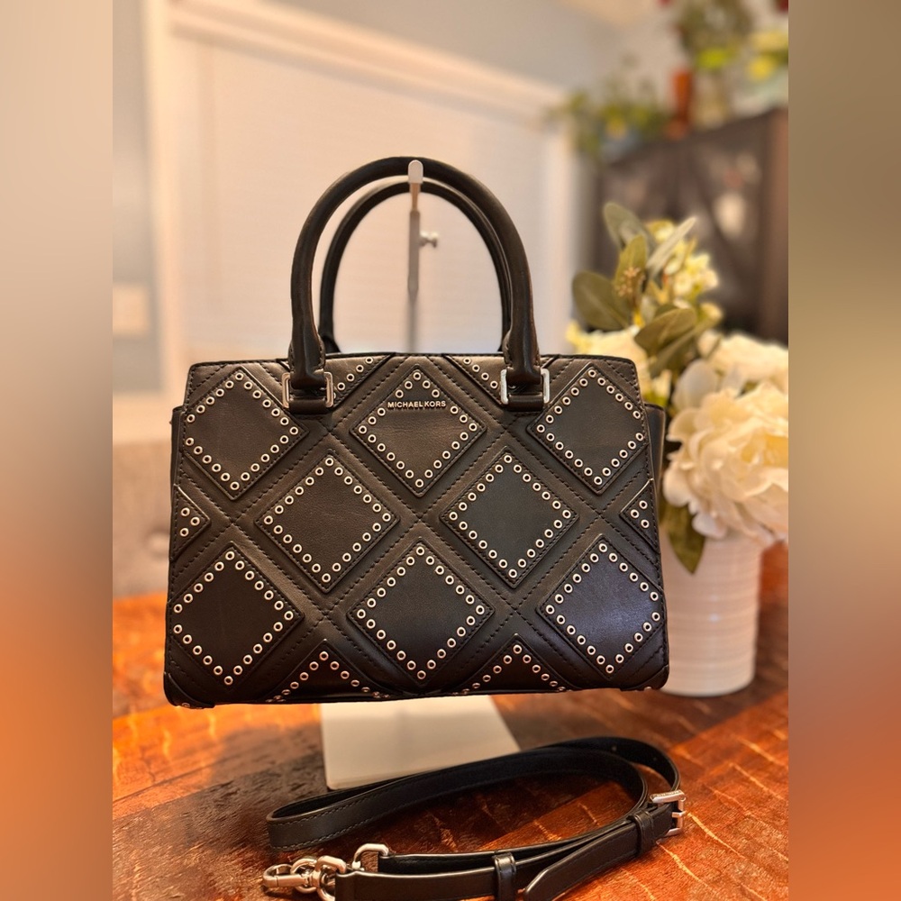 Michael Kors Selma Diamond Gommet  Black Leather Top Handle Satchel Bag - $498
